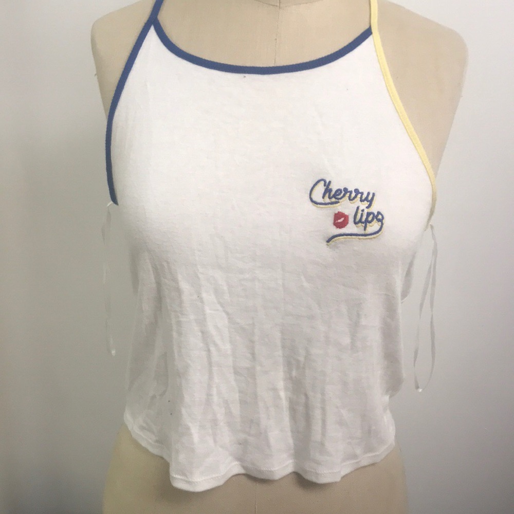 Embroidered cherry lips halter top.